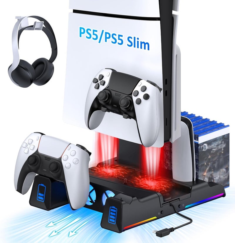 NEXIGO PS5 Silent Cooling Stand for Both PS5 and New PS5 Slim Consoles, RGB LED Light, Dual Charging Station, Compatible with Dual_Sense Edge Controller, Hard Drive, Headset and Remote Holder, Black - Image 1